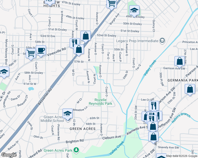 map of restaurants, bars, coffee shops, grocery stores, and more near 1437 58th Street Ensley in Birmingham