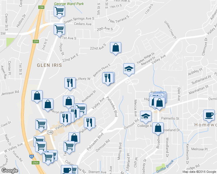 map of restaurants, bars, coffee shops, grocery stores, and more near 720 Valley Avenue in Birmingham