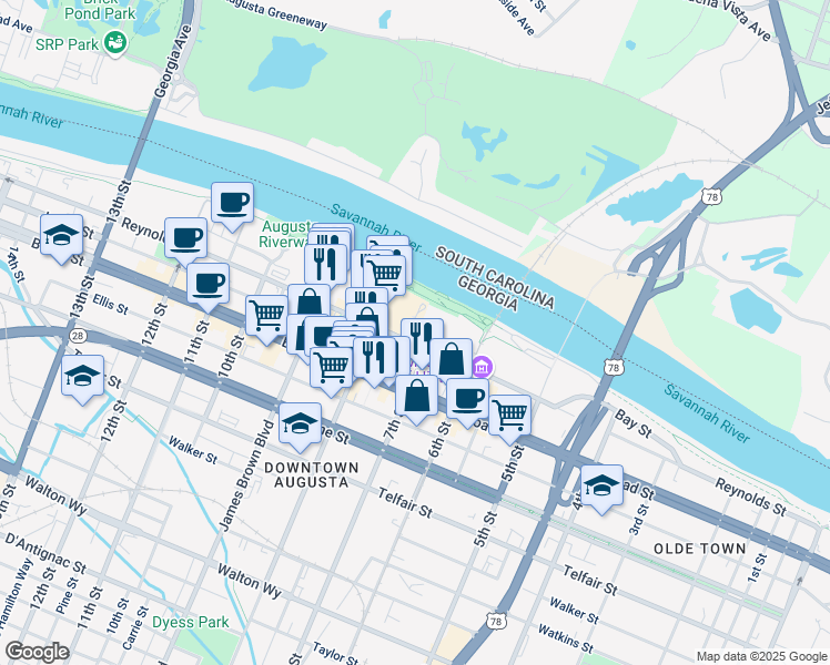 map of restaurants, bars, coffee shops, grocery stores, and more near 721 Reynolds Street in Augusta