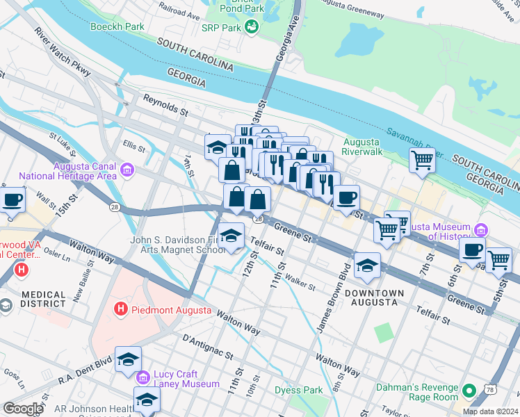 map of restaurants, bars, coffee shops, grocery stores, and more near 1215 Greene Street in Augusta