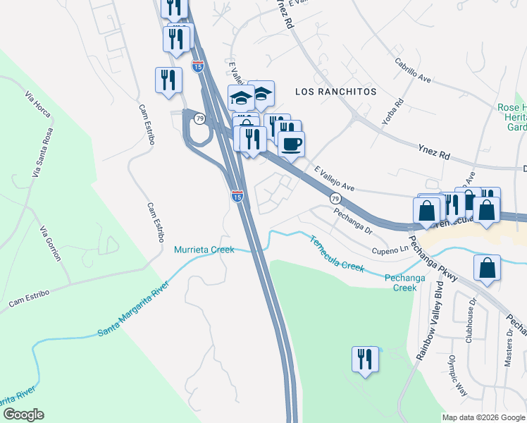 map of restaurants, bars, coffee shops, grocery stores, and more near 44617 La Paz Road in Temecula