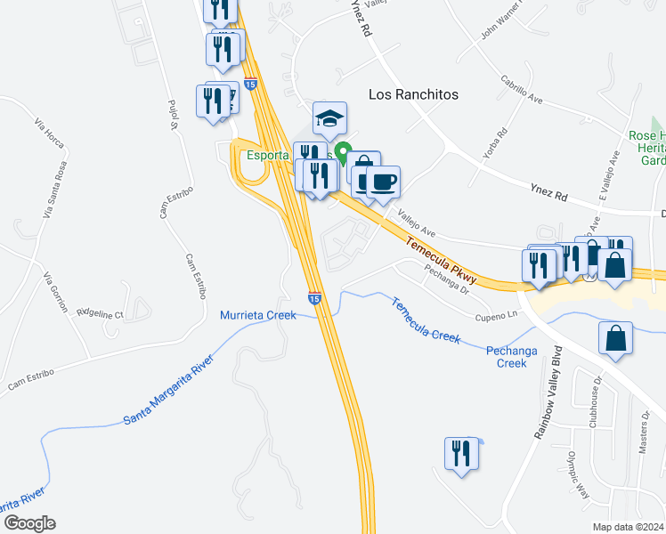 map of restaurants, bars, coffee shops, grocery stores, and more near 44617 La Paz Road in Temecula