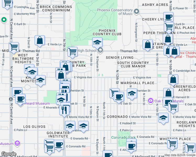 map of restaurants, bars, coffee shops, grocery stores, and more near 2546 North 11th Street in Phoenix