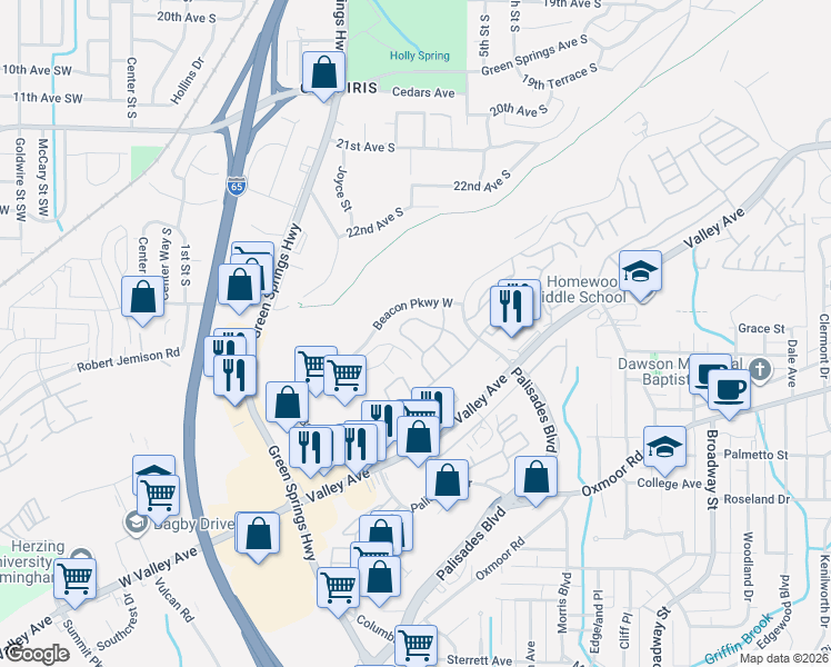 map of restaurants, bars, coffee shops, grocery stores, and more near 748 Rockford Circle in Birmingham