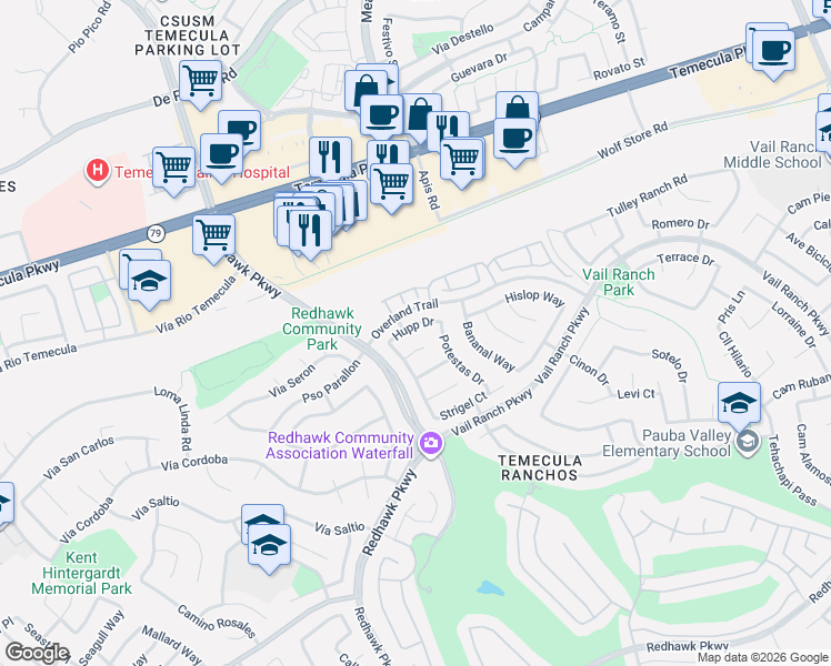 map of restaurants, bars, coffee shops, grocery stores, and more near 32421 Hupp Drive in Temecula