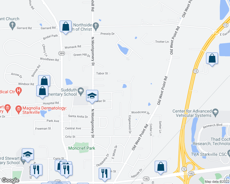 map of restaurants, bars, coffee shops, grocery stores, and more near 117 Catherine Street in Starkville