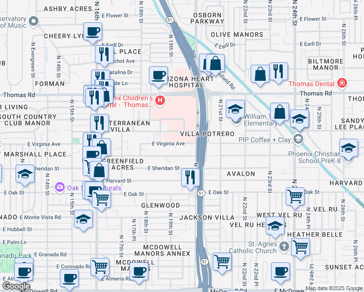 map of restaurants, bars, coffee shops, grocery stores, and more near 1921 East Virginia Avenue in Phoenix