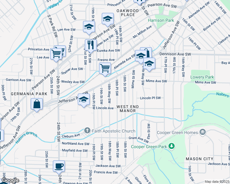 map of restaurants, bars, coffee shops, grocery stores, and more near 1252 18th Place Southwest in Birmingham