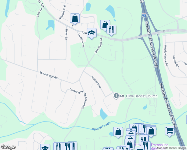 map of restaurants, bars, coffee shops, grocery stores, and more near 180 Willow Way in Stockbridge