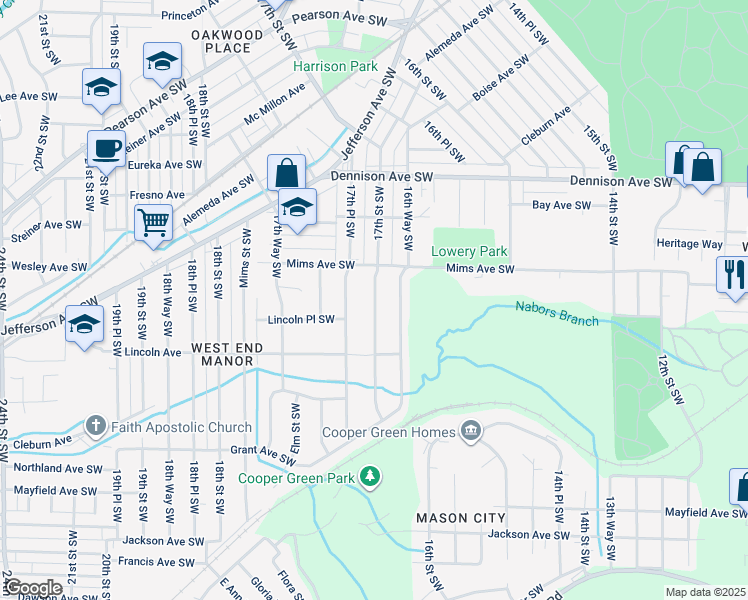 map of restaurants, bars, coffee shops, grocery stores, and more near 17th Street Southwest in Birmingham