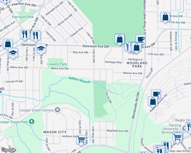 map of restaurants, bars, coffee shops, grocery stores, and more near 1513 14th Street Southwest in Birmingham