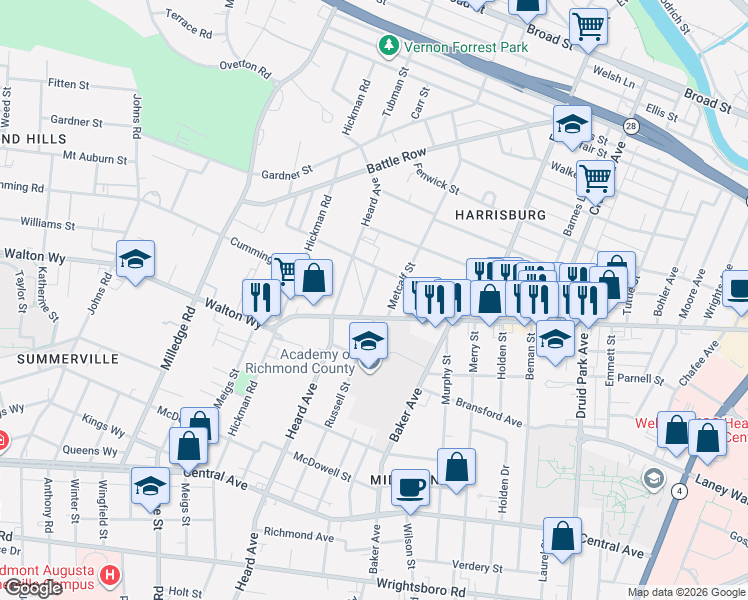 map of restaurants, bars, coffee shops, grocery stores, and more near 808 Russell Street in Augusta