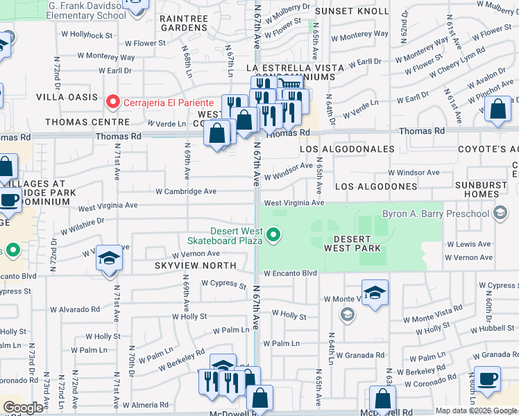 map of restaurants, bars, coffee shops, grocery stores, and more near 6650 West Virginia Avenue in Phoenix