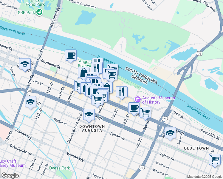 map of restaurants, bars, coffee shops, grocery stores, and more near Reynolds Street in Augusta