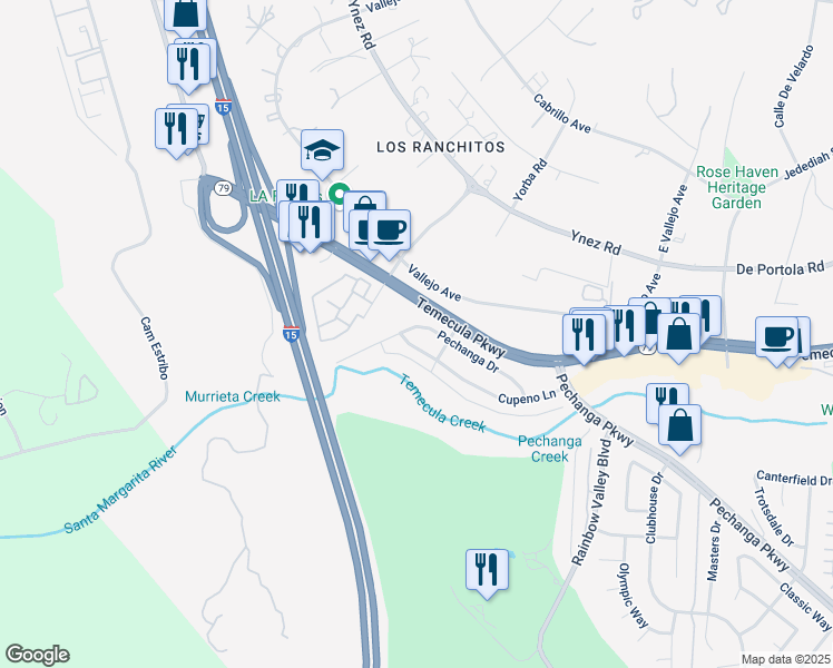 map of restaurants, bars, coffee shops, grocery stores, and more near 30145 Pechanga Drive in Temecula