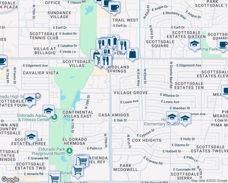 map of restaurants, bars, coffee shops, grocery stores, and more near 2601 North Hayden Road in Scottsdale