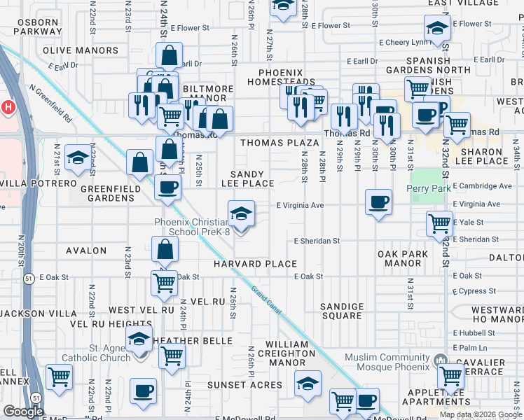 map of restaurants, bars, coffee shops, grocery stores, and more near 2604 North 27th Street in Phoenix