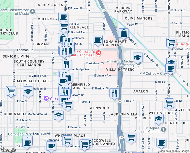 map of restaurants, bars, coffee shops, grocery stores, and more near 1822 East Virginia Avenue in Phoenix