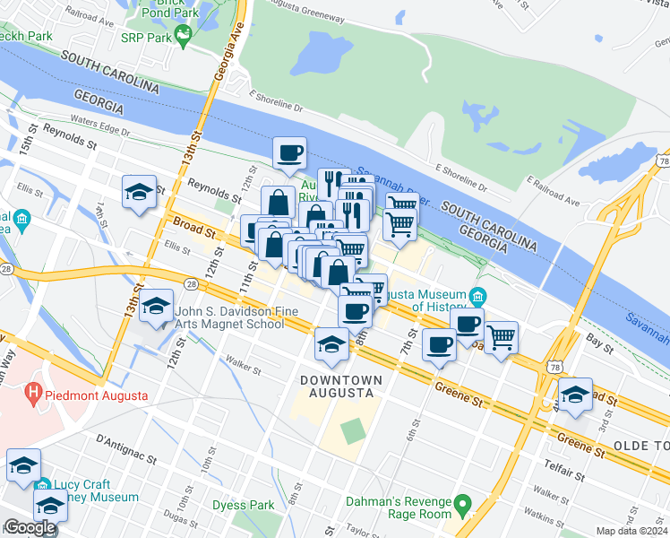map of restaurants, bars, coffee shops, grocery stores, and more near 901 James Brown Boulevard in Augusta