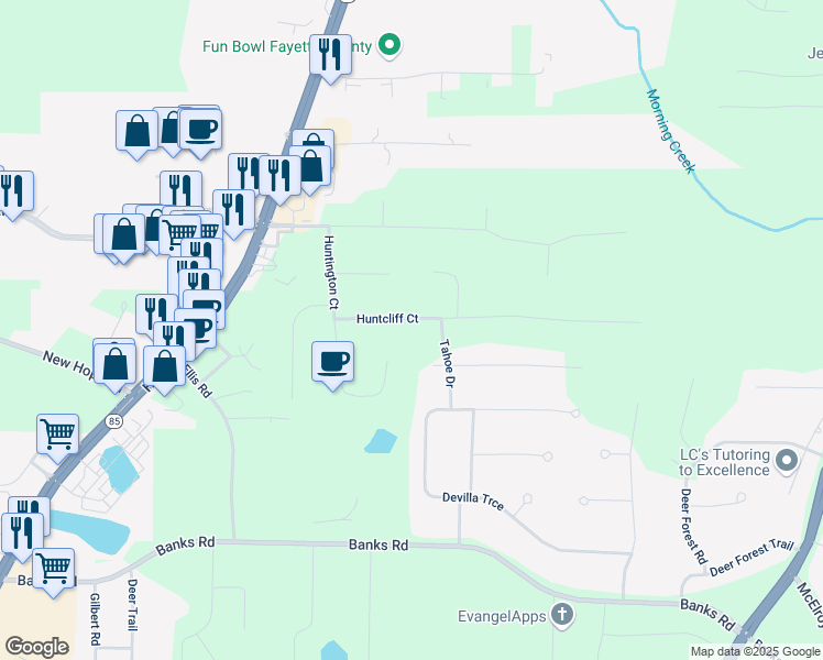 map of restaurants, bars, coffee shops, grocery stores, and more near 145 Huntcliff Court in Fayetteville