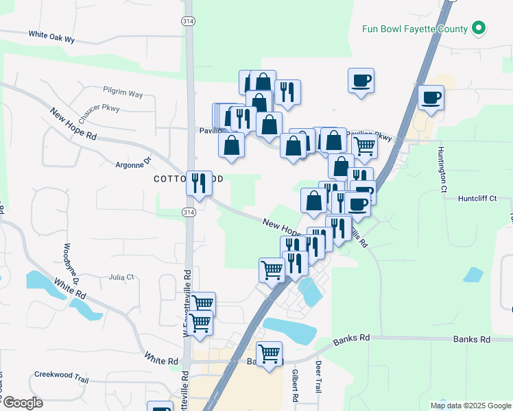 map of restaurants, bars, coffee shops, grocery stores, and more near 157 New Hope Road in Fayetteville