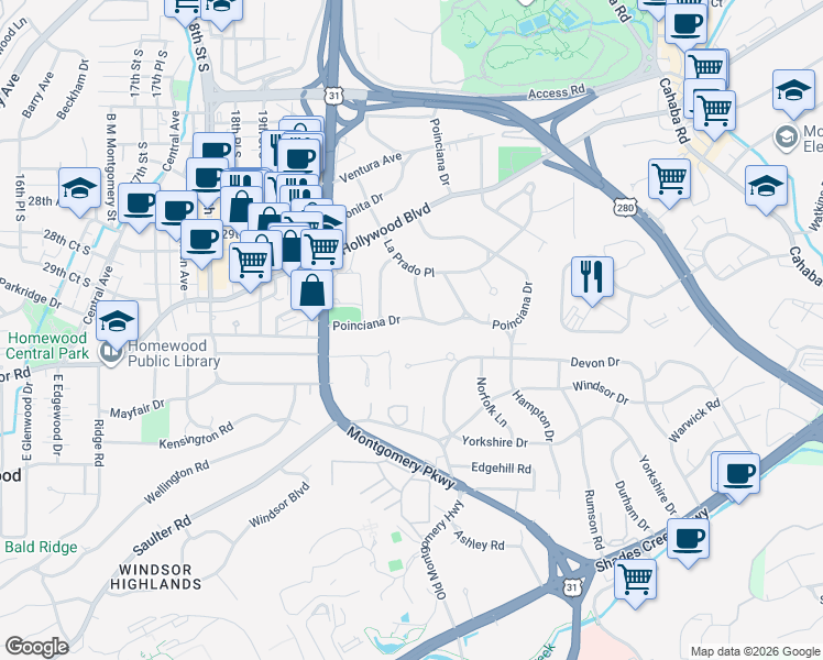 map of restaurants, bars, coffee shops, grocery stores, and more near 508 Poinciana Drive in Homewood