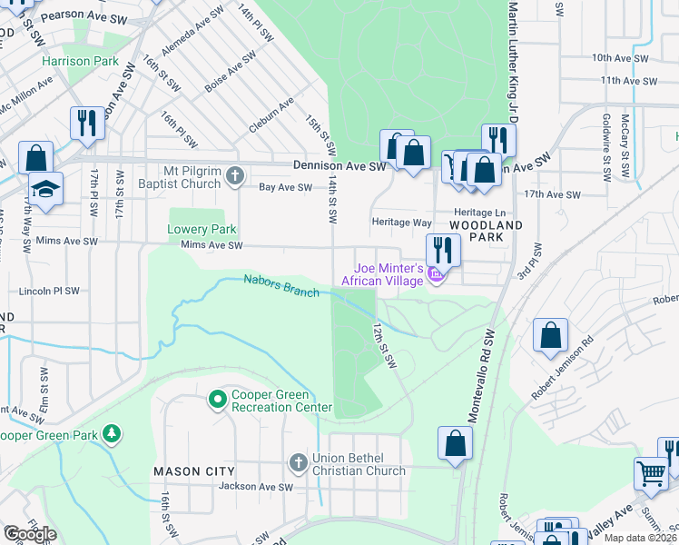 map of restaurants, bars, coffee shops, grocery stores, and more near 1513 14th Street Southwest in Birmingham