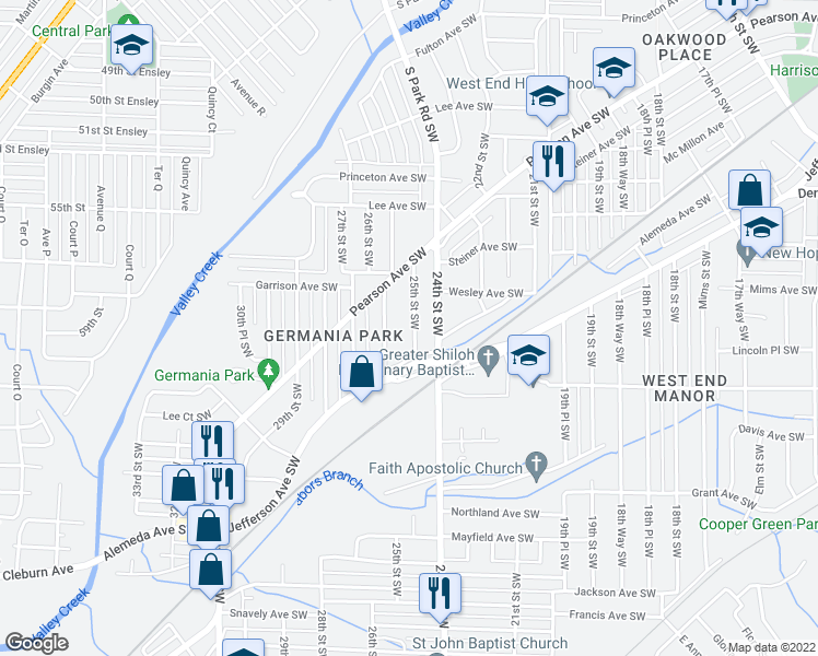 map of restaurants, bars, coffee shops, grocery stores, and more near 916 25th Street Southwest in Birmingham