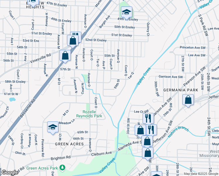 map of restaurants, bars, coffee shops, grocery stores, and more near 1613 58th Street Ensley in Birmingham