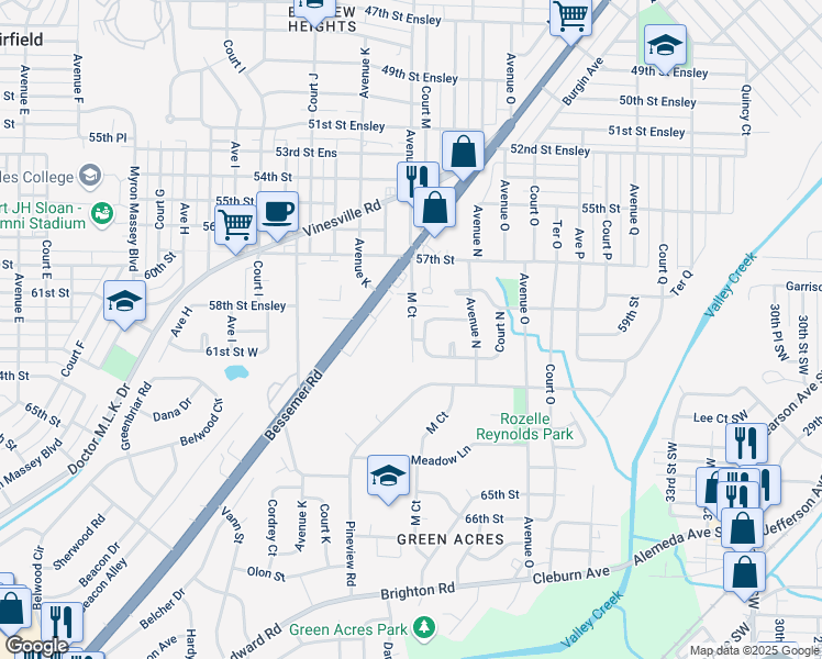 map of restaurants, bars, coffee shops, grocery stores, and more near 5900 Avenue M in Birmingham