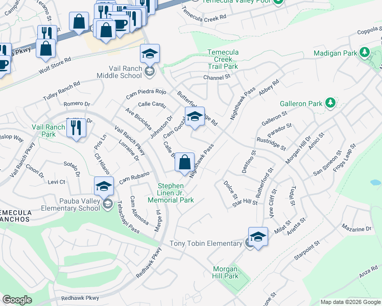 map of restaurants, bars, coffee shops, grocery stores, and more near 44785 Corte Sanchez in Temecula