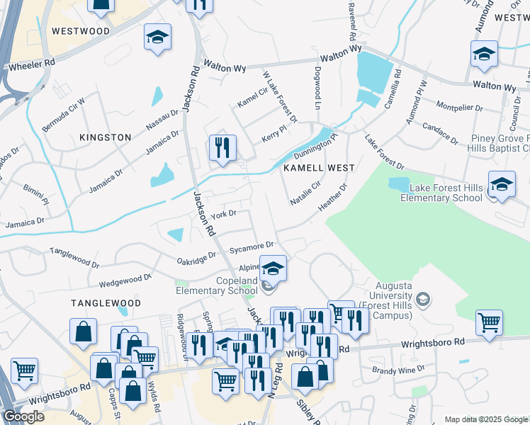 map of restaurants, bars, coffee shops, grocery stores, and more near 845 Kamel Drive in Augusta