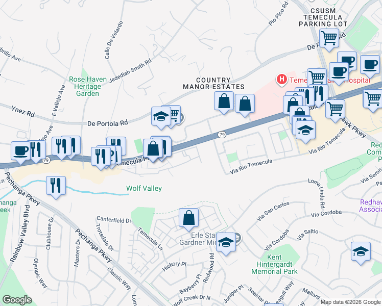 map of restaurants, bars, coffee shops, grocery stores, and more near 31355 David Lane in Temecula