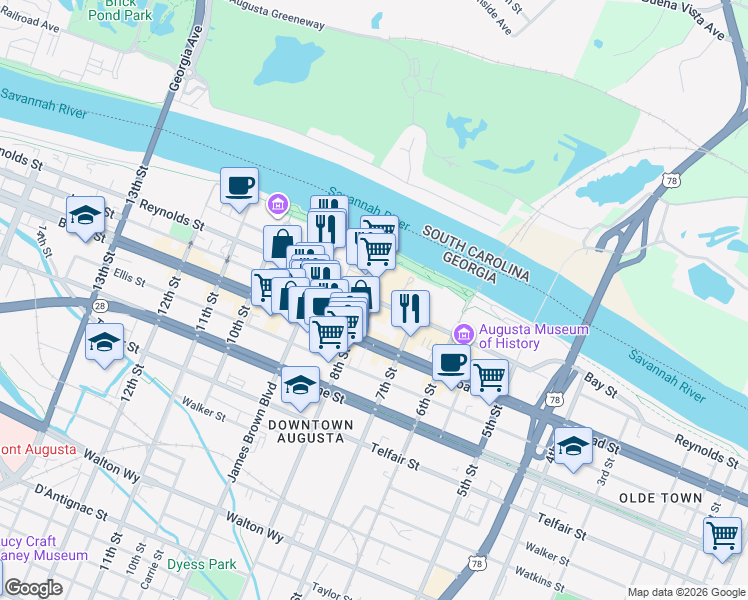 map of restaurants, bars, coffee shops, grocery stores, and more near Reynolds Street in Augusta