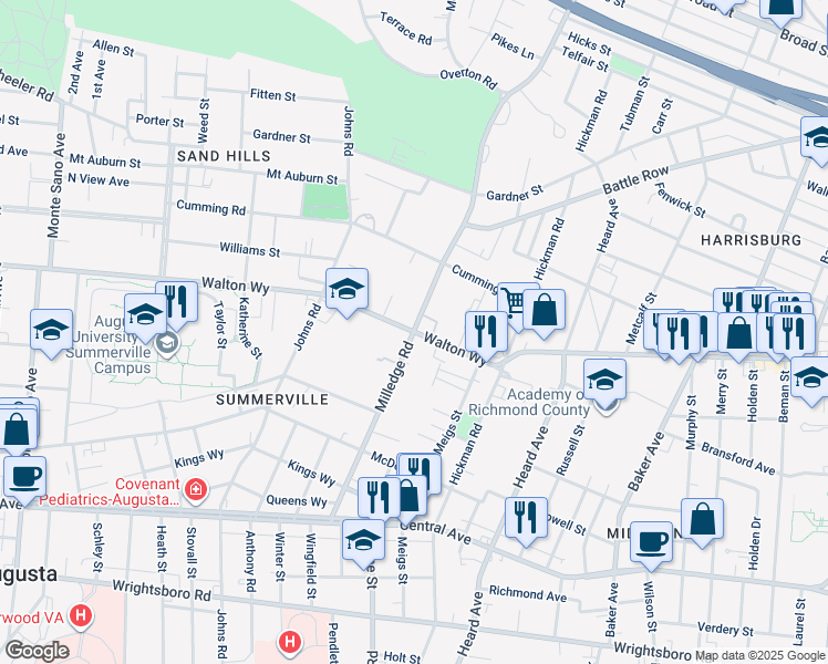 map of restaurants, bars, coffee shops, grocery stores, and more near 898 Milledge Road in Augusta