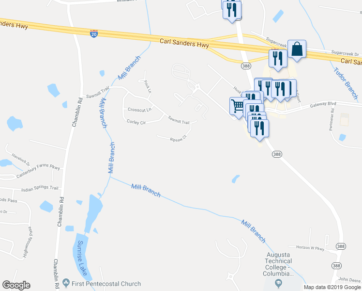 map of restaurants, bars, coffee shops, grocery stores, and more near 413 Ripsaw Court in Grovetown