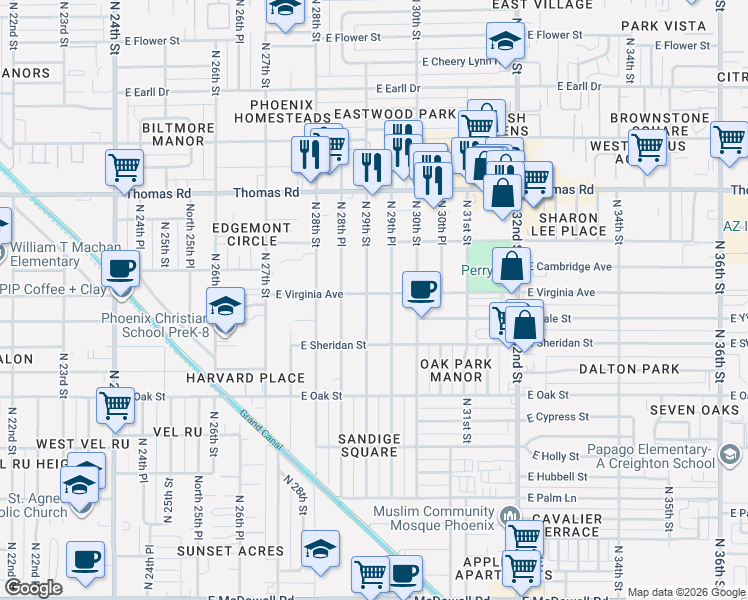 map of restaurants, bars, coffee shops, grocery stores, and more near 2608 North 29th Place in Phoenix