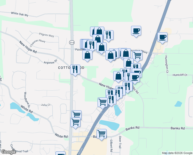map of restaurants, bars, coffee shops, grocery stores, and more near 157 New Hope Road in Fayetteville