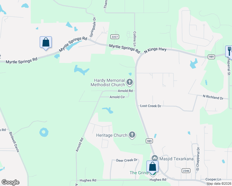 map of restaurants, bars, coffee shops, grocery stores, and more near 1216 Arnold Lane in Texarkana
