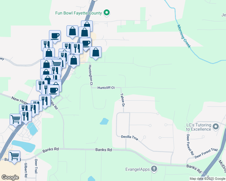 map of restaurants, bars, coffee shops, grocery stores, and more near 145 Huntcliff Court in Fayetteville