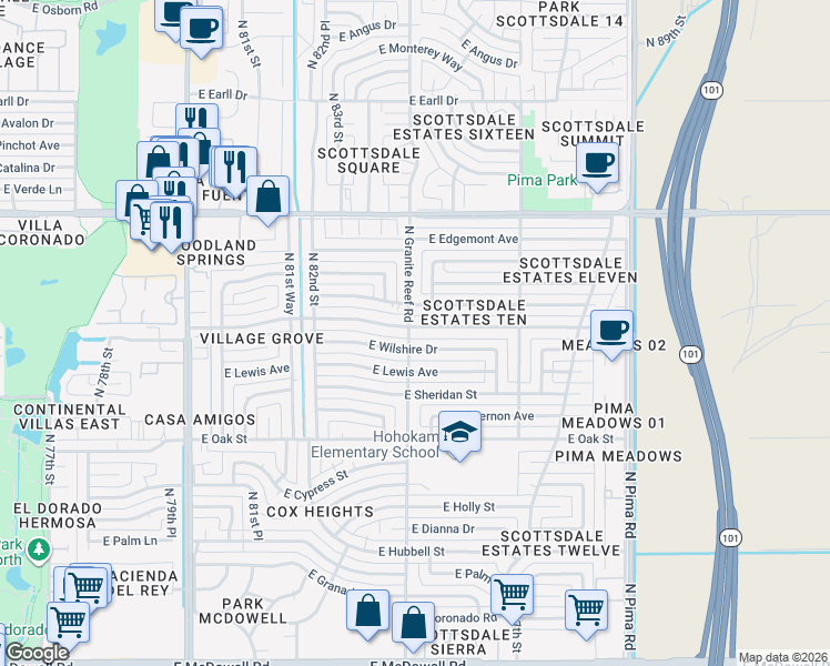 map of restaurants, bars, coffee shops, grocery stores, and more near 8401 East Virginia Avenue in Scottsdale