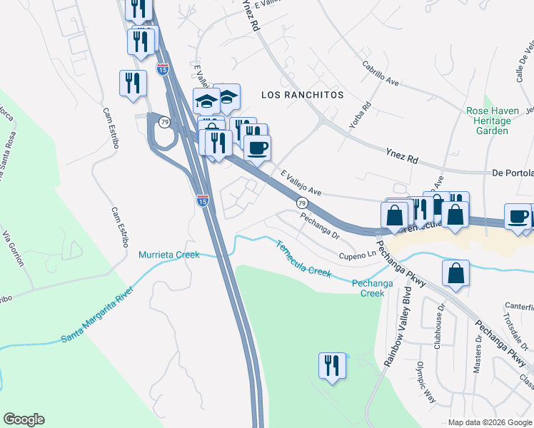 map of restaurants, bars, coffee shops, grocery stores, and more near 30088 Pechanga Drive in Temecula