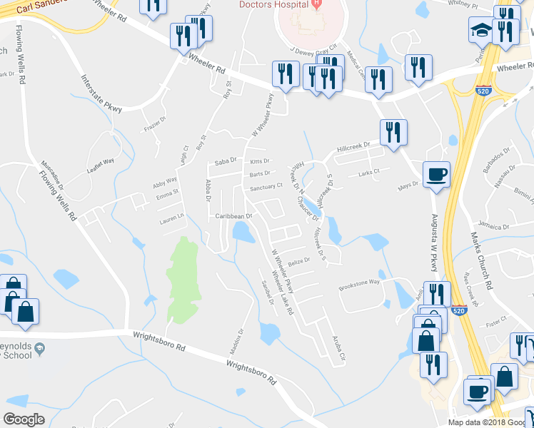 map of restaurants, bars, coffee shops, grocery stores, and more near 519 Sanctuary Drive in Augusta