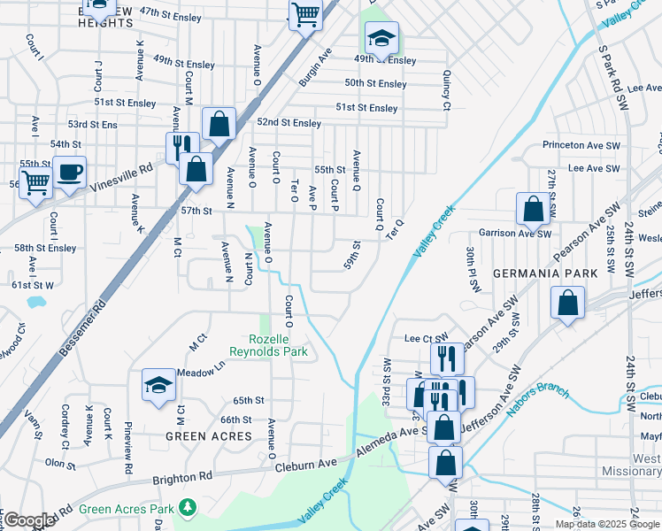 map of restaurants, bars, coffee shops, grocery stores, and more near 1613 58th Street Ensley in Birmingham