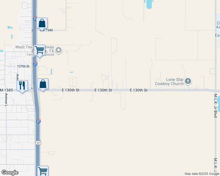 map of restaurants, bars, coffee shops, grocery stores, and more near 215 East Farm to Market Road 1585 in Lubbock