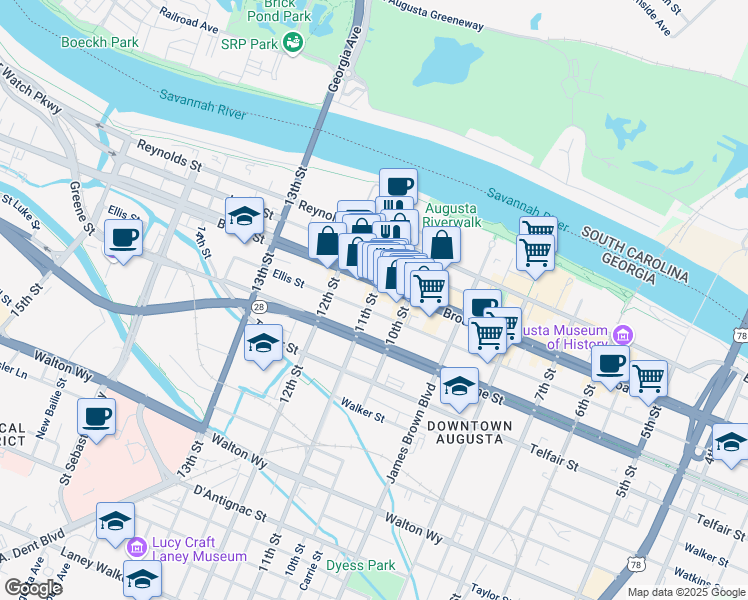 map of restaurants, bars, coffee shops, grocery stores, and more near 1026 Broad Street in Augusta