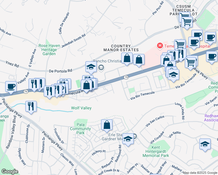map of restaurants, bars, coffee shops, grocery stores, and more near 31351 David Lane in Temecula