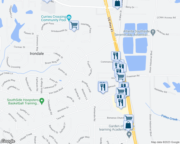 map of restaurants, bars, coffee shops, grocery stores, and more near 10223 Foxfire Terrace in Jonesboro