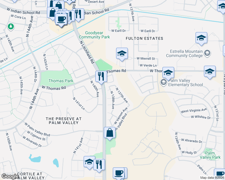 map of restaurants, bars, coffee shops, grocery stores, and more near 13784 West Roanoke Avenue in Goodyear