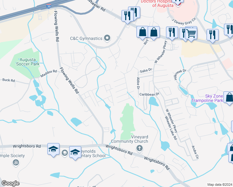 map of restaurants, bars, coffee shops, grocery stores, and more near 1740 Elizabeth Street in Augusta